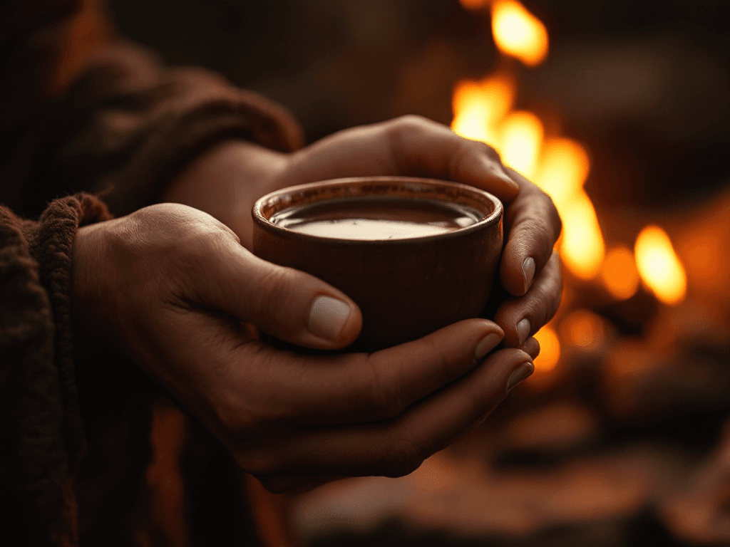 Hands holding ceremonial cacao by firelight